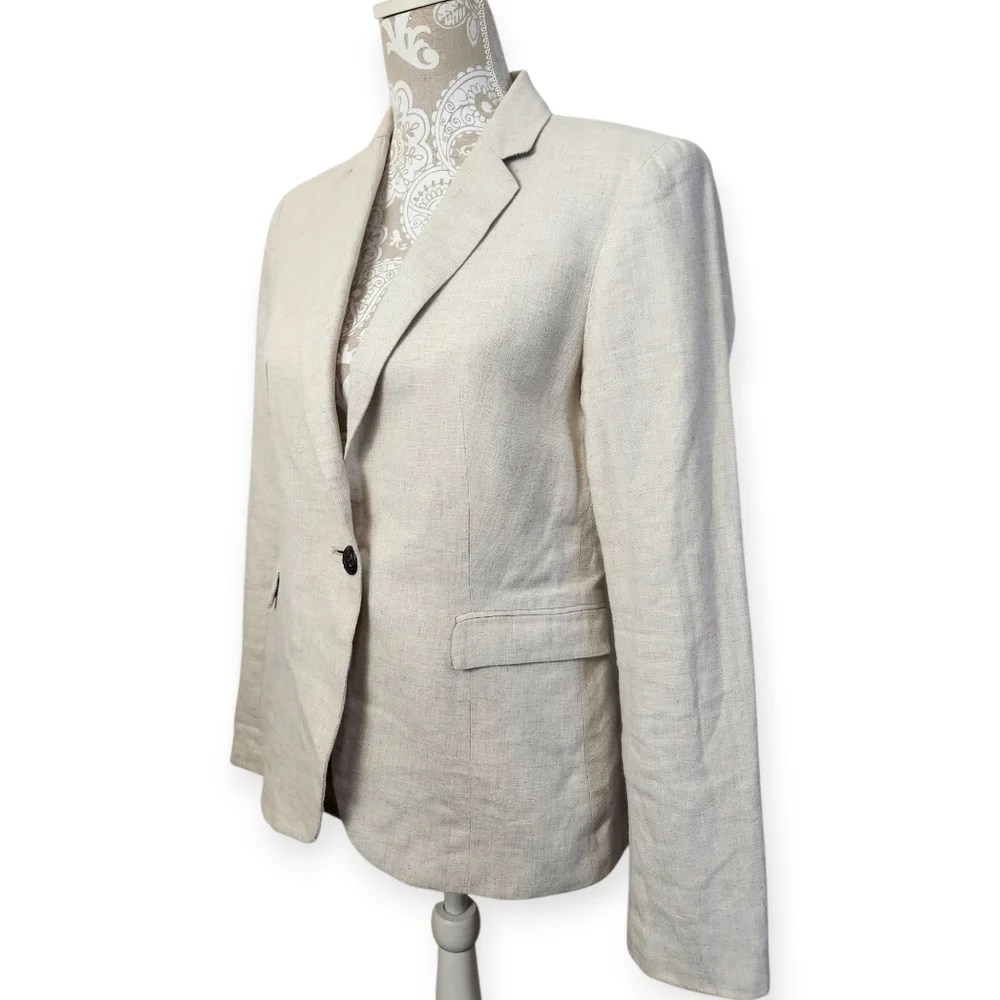 British Khaki Vintage Old Money Tailored Coastal Creme Linen Blazer Size M